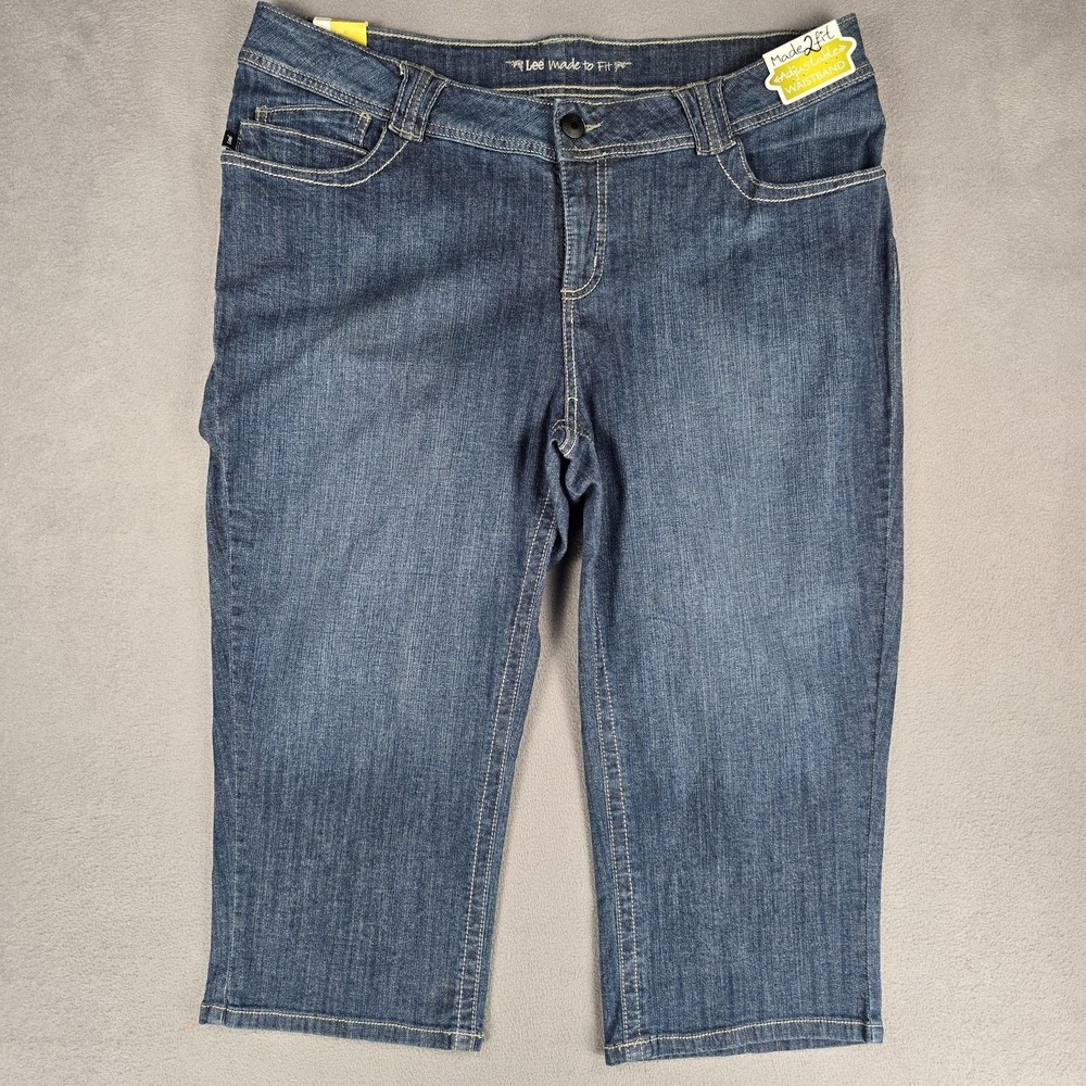 Lee Capri‎ Jeans Womens 20W Plus Blue Stretch Adjustable Waist Embroidered NWT